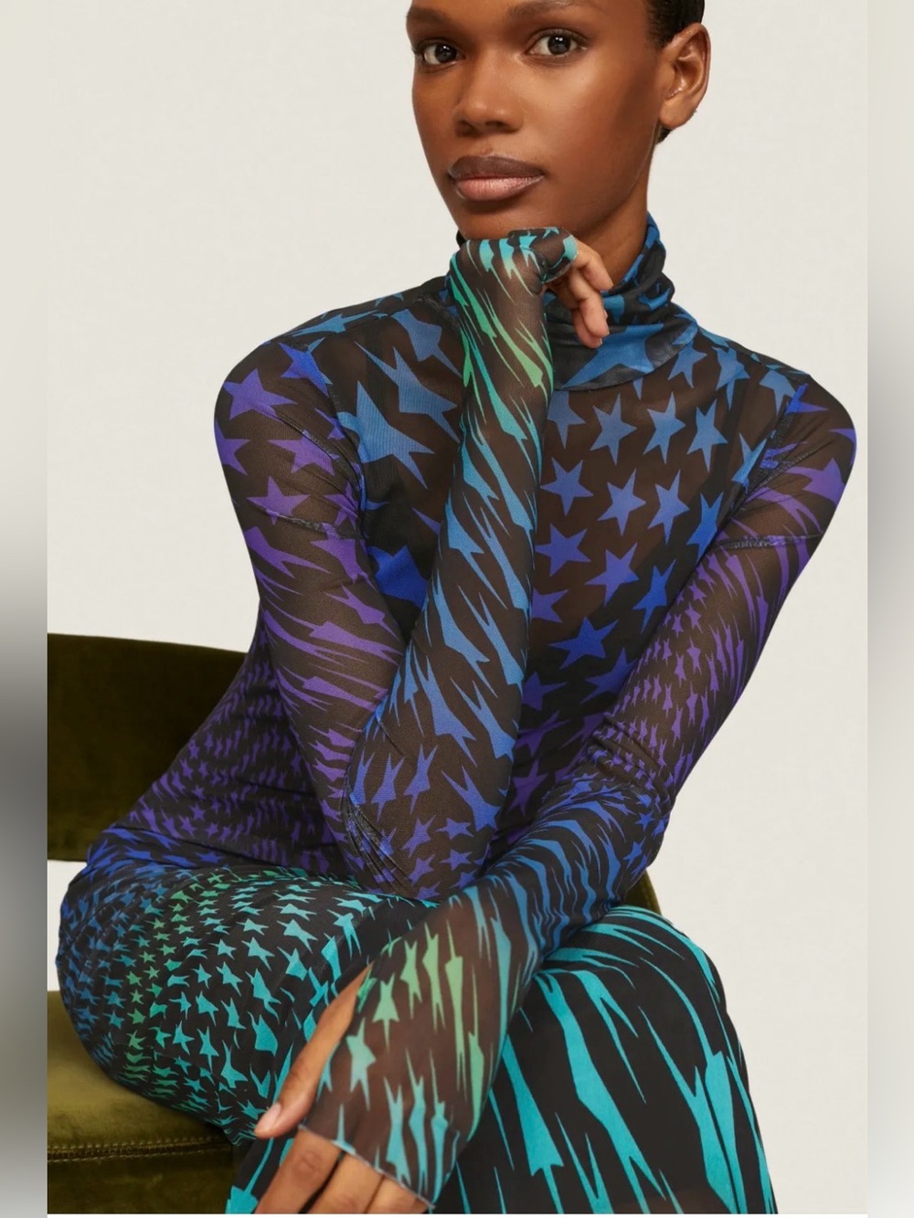 AFRM Sharlene turtleneck dress Sheer Star Spiral Midi Dress in Blue-Green - Picture 2 of 12